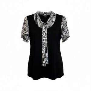 August Silk Black Geo Print Scarf Neck Top XL Dark Academia Office